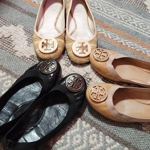 3 Pairs $80/all Tory Burch Ballet Flats 8.5 Caroline Reva Black Tan Raffia